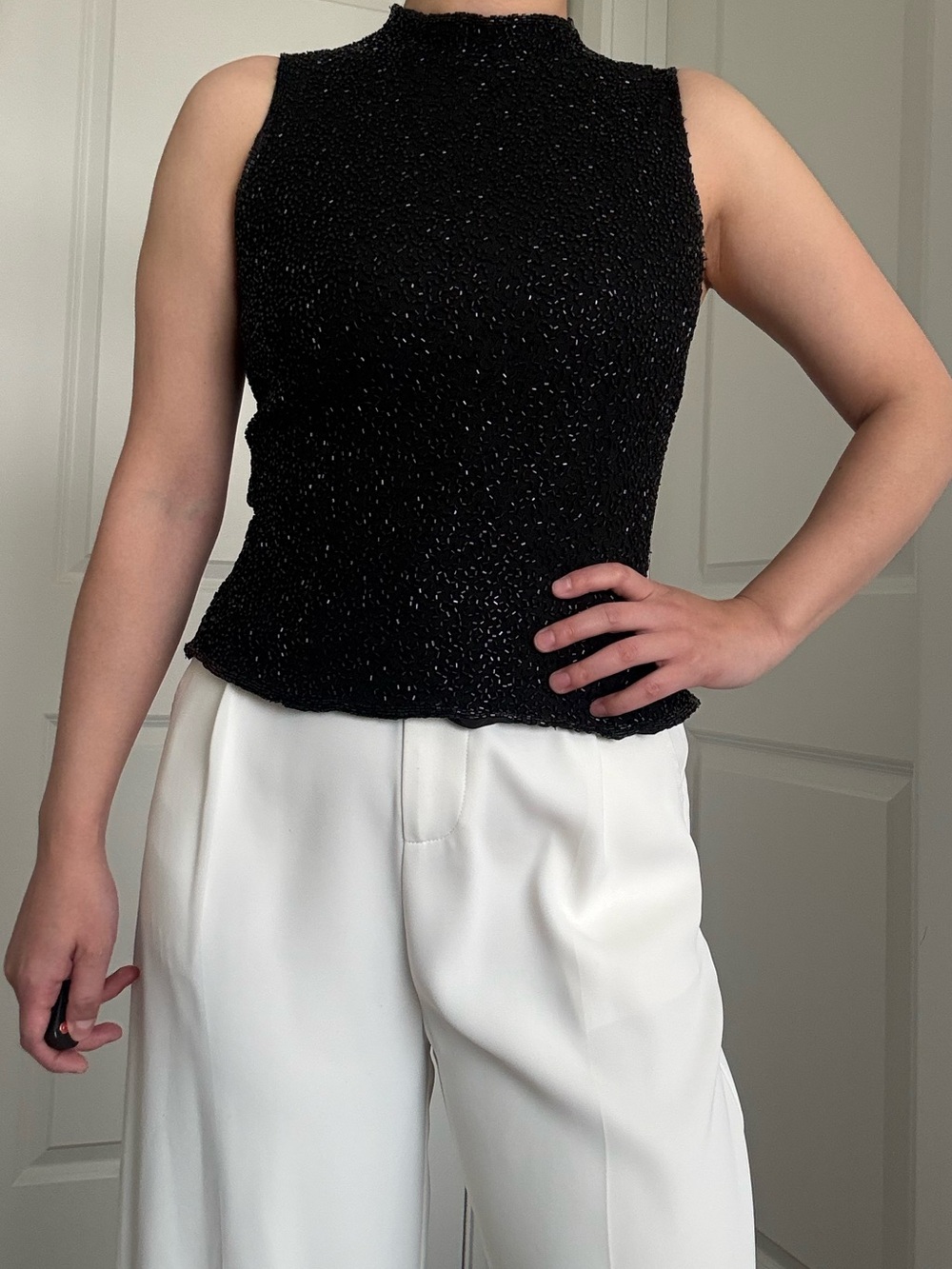 3 FOR $50 ｜ J Michaels Black Beaded Sleeveless Tanka (100% Silk shell)